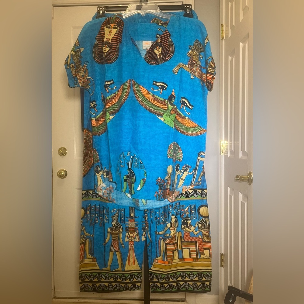 NWOT Vibrant Blue Egyptian-Themed Wide Leg Pant Set